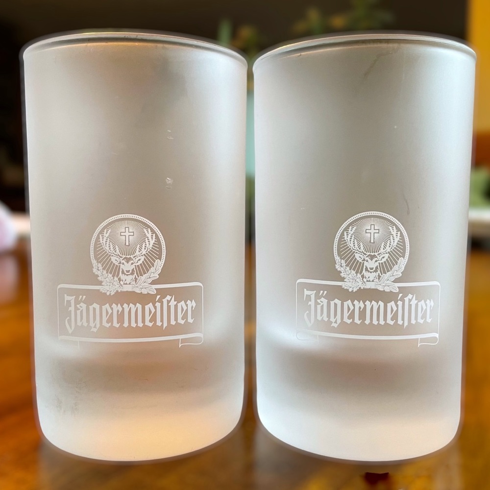 Jagermeister Vintage Set of 2 Double Shooter Frosted Glass Stag Logo Frozen